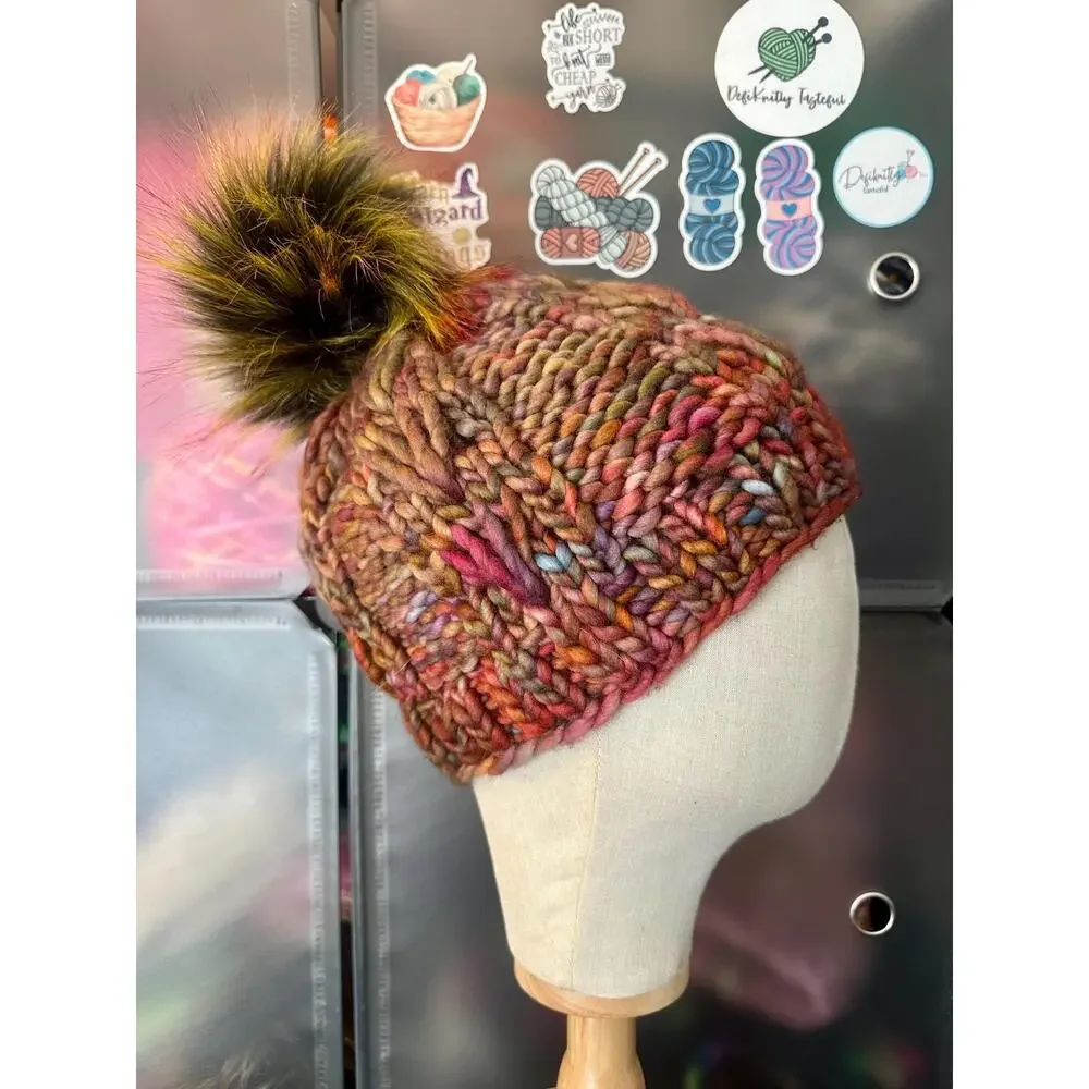 Hand Knit Merino Wool Scrappy Lake Erie Beanie: Faux Fur Pom - Adult Size